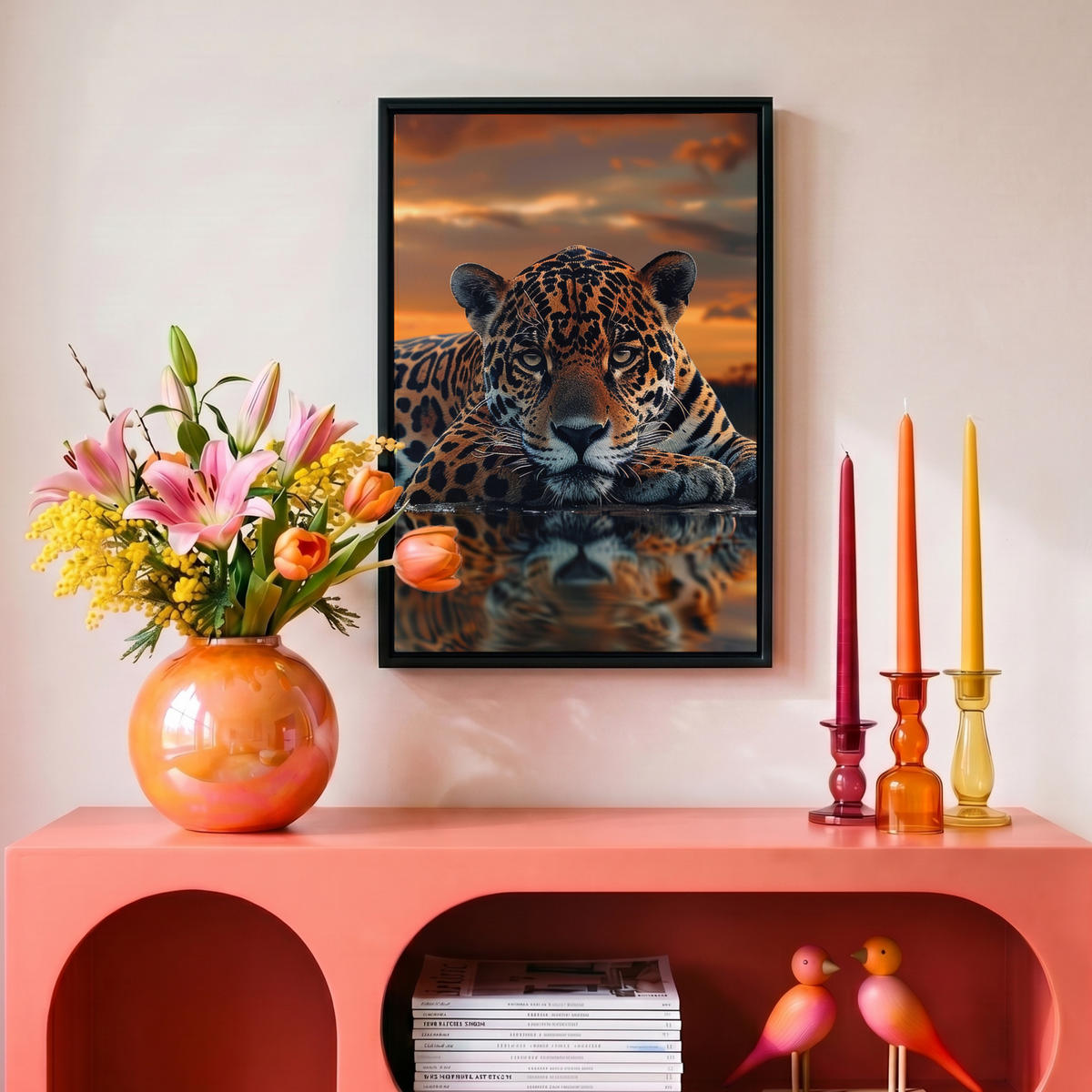 LEINWAND Bilder mit Rahmen - Natur - Leopard - Tier - Sonnenuntergang - Modern - 20x30 - Orange, Textil (20/30cm) - MuchoWow