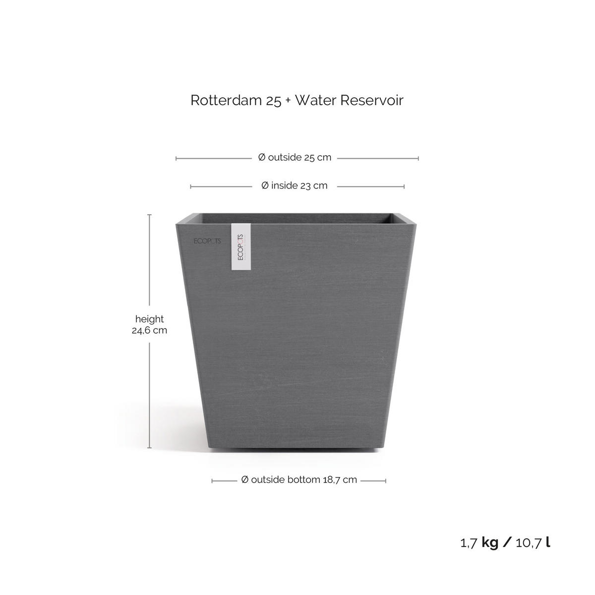 BLUMENTOPF mit Wasserreservoir Rotterdam 25/25/24,6 cm Grau - Grau, Kunststoff (25/24.6cm) - Ecopots
