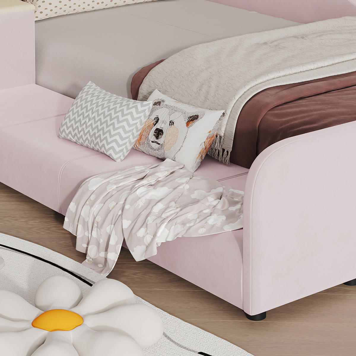 POLSTERBETT 90/200 cm in Pink mit Schreibtisch, Hocker und Ablageboden aus Samt - Rosa, Holzwerkstoff/Textil (90/200cm) - STILVORA