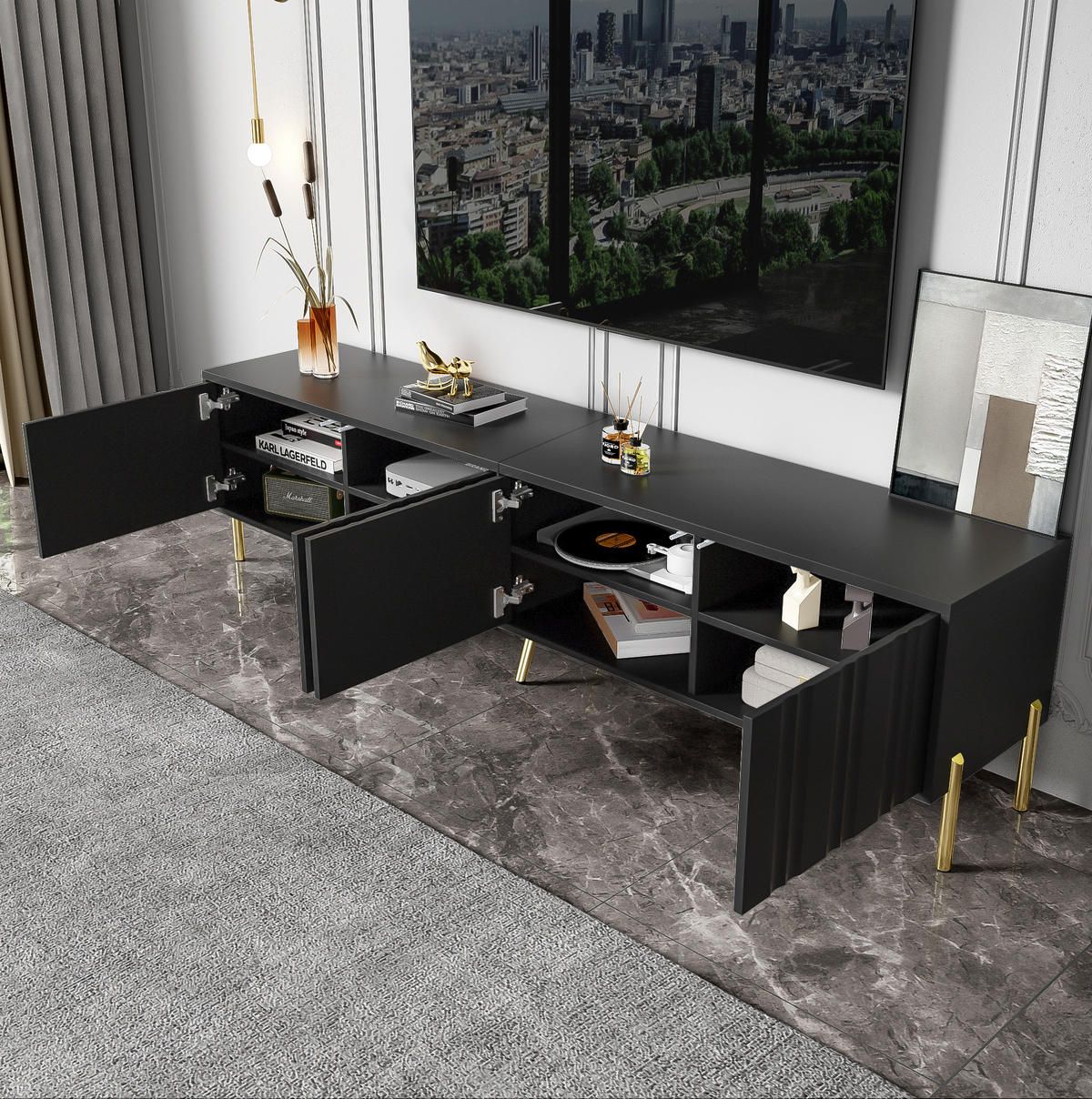TV-SCHRANK in Schwarz mit goldfarbenen Füßen 190/38/48 cm - Schwarz, Holzwerkstoff (190/48/38cm) - Redom