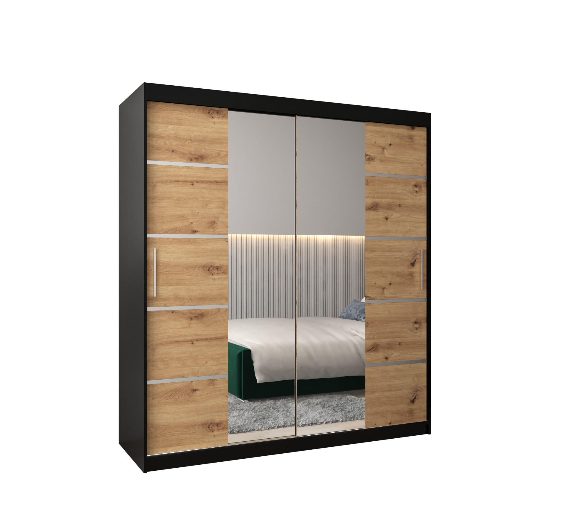 Möbel Kryspol Schwebetürenschrank Schwarz, Eiche Artisan, Silber 180x200x62 cm