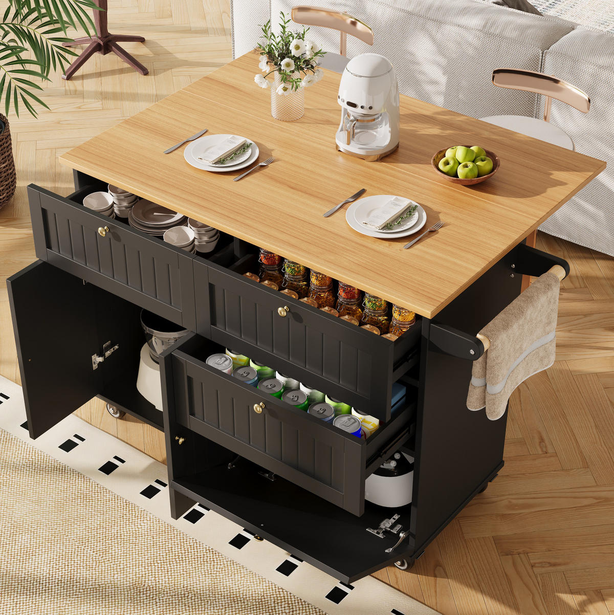 KÜCHENINSEL mit Stauraum 133 x 70 cm MDF Schwarz - Schwarz, Holz (70/88/133cm) - Beauniv
