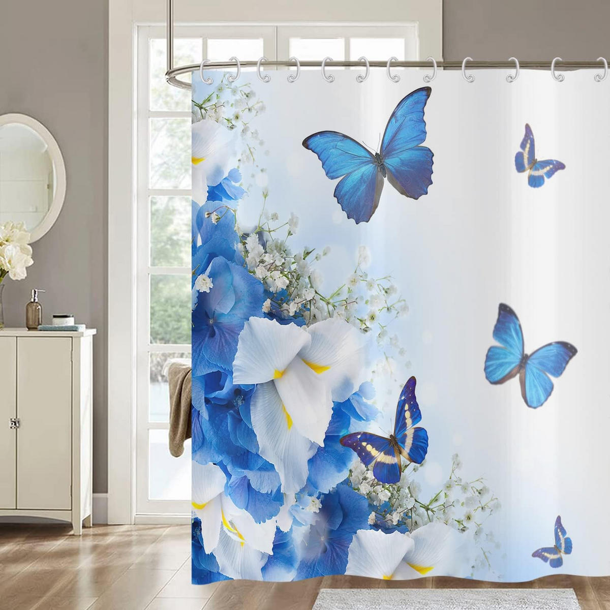 DUSCHVORHANG Blau Blumen und Schmetterling Polyester wasserdicht - Blau, Textil (180/180cm) - MCBOSON