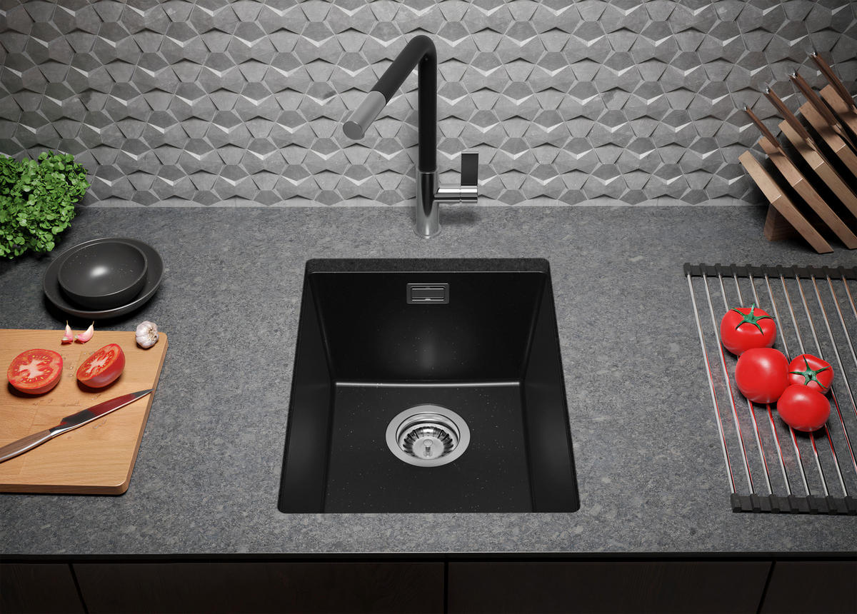 UNTERBAUSPÜLE GRANIT London, 2-er set Schwarz Metallic 36/47 cm 1 Becken + Ablauf-Set ab 40er Unterschrank - Chromfarben/Schwarz Hochglanz, Kunststoff (36/20/47cm) - Primagran