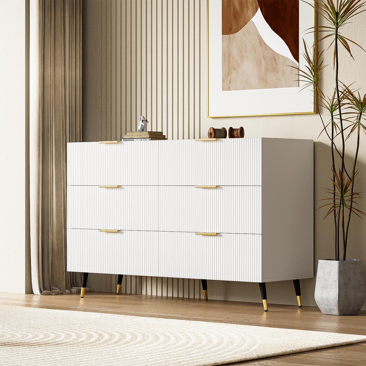 SIDEBOARD mit 6 Schubladen, mit goldenen Griffen und Beinen, modernes Wellendesign, 120/40/77 cm, Weiß - Weiß, Holzwerkstoff (120/40/70cm) - Redom