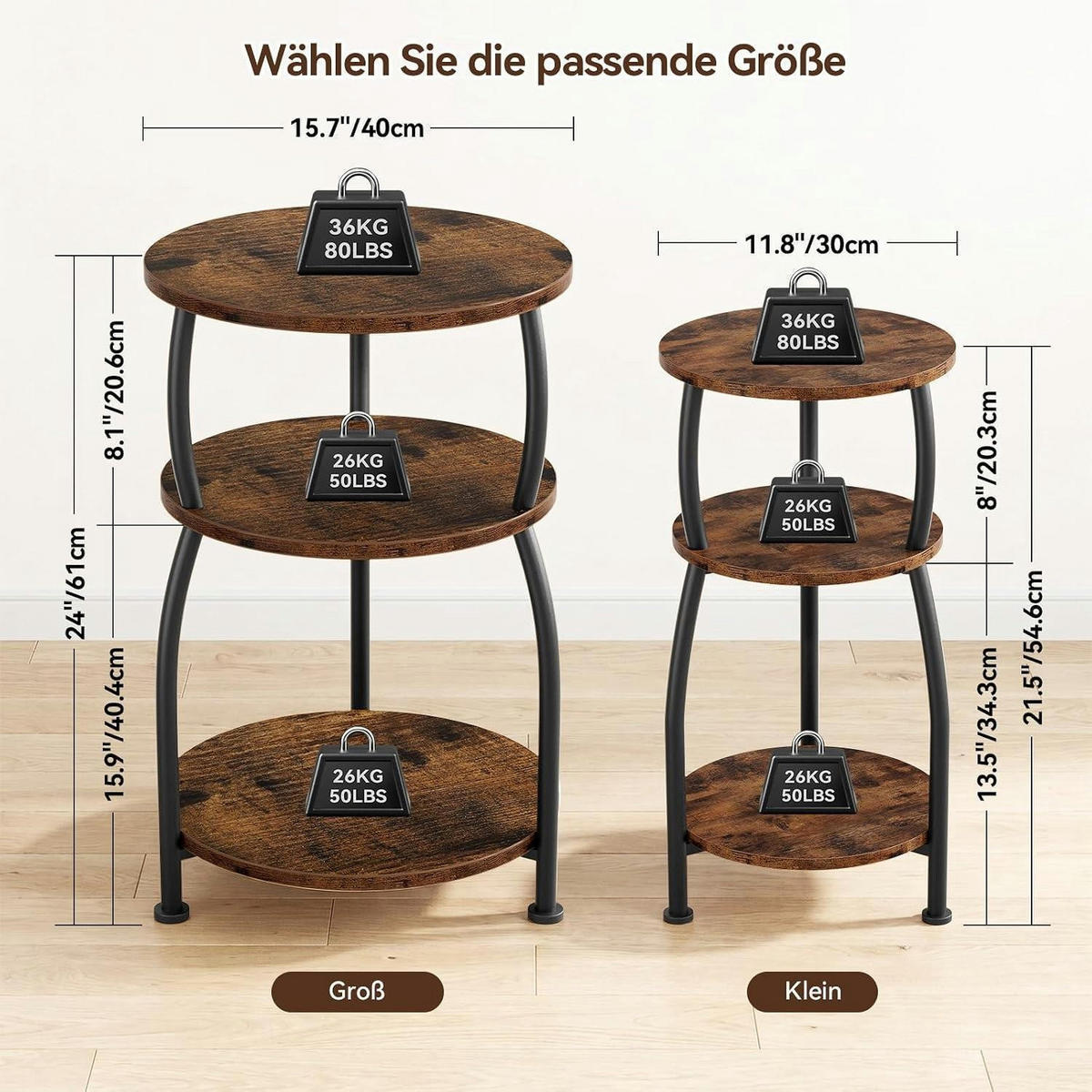 BEISTELLTISCH rund 3 Ebenen Metall Braun 40 x 61 cm - Braun, Metall (40/40/61cm)