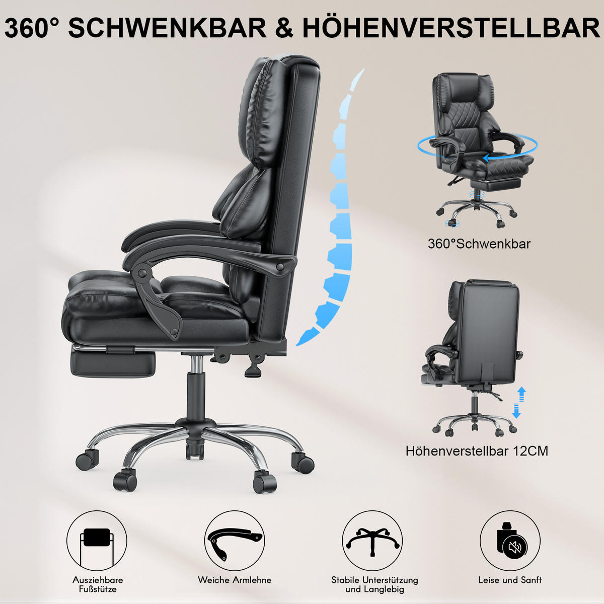 CHEFSESSEL mit Fußstütze Ergonomisch PU Leder Höhenverstellbar Schwarz - Schwarz, Leder (62/117/71cm) - Rattantree