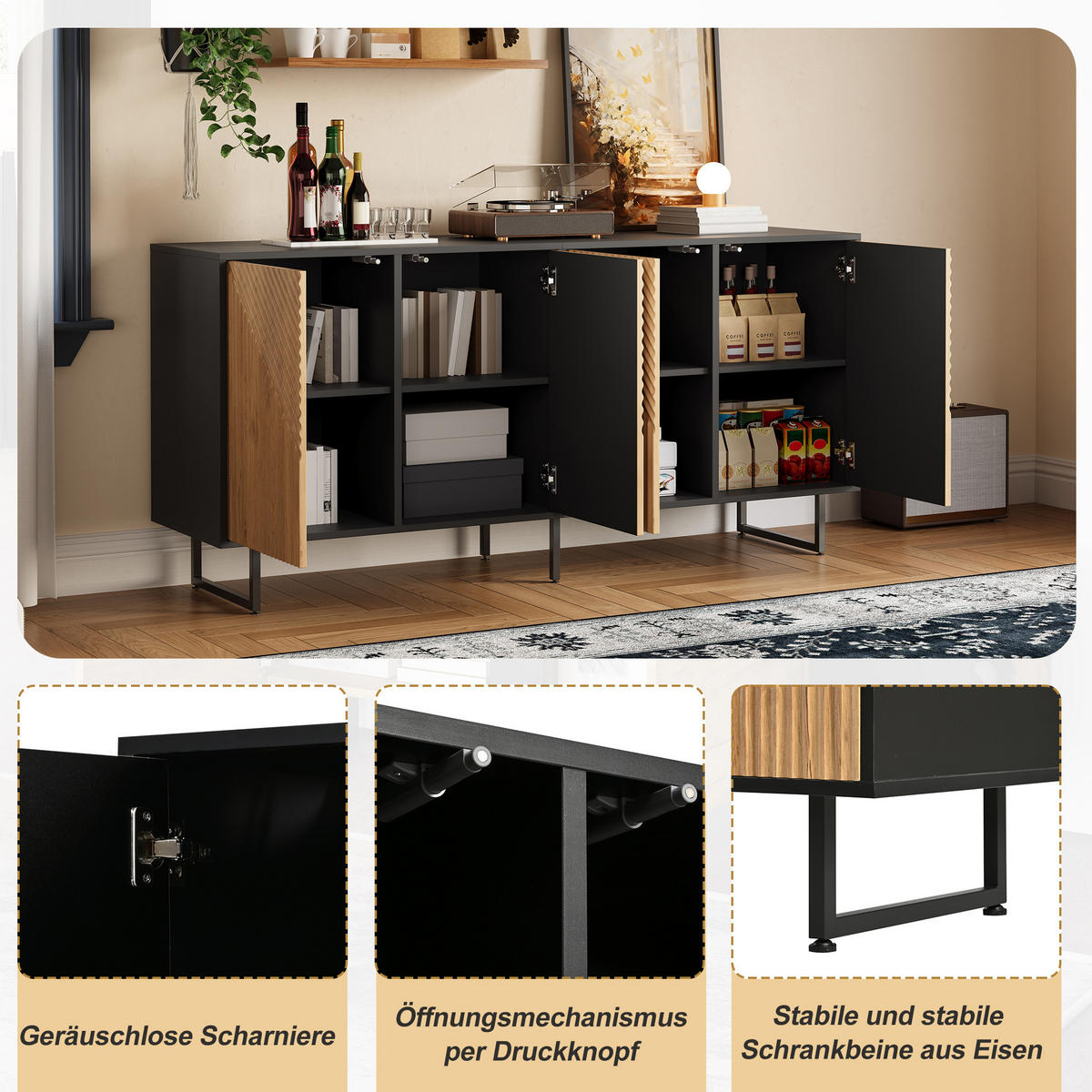 SIDEBOARD Holz Schwarz 4 Türen 160x40x75cm Vakuumform Stauraum - Naturfarben, Holzwerkstoff (40/75/160cm) - FLIEKS