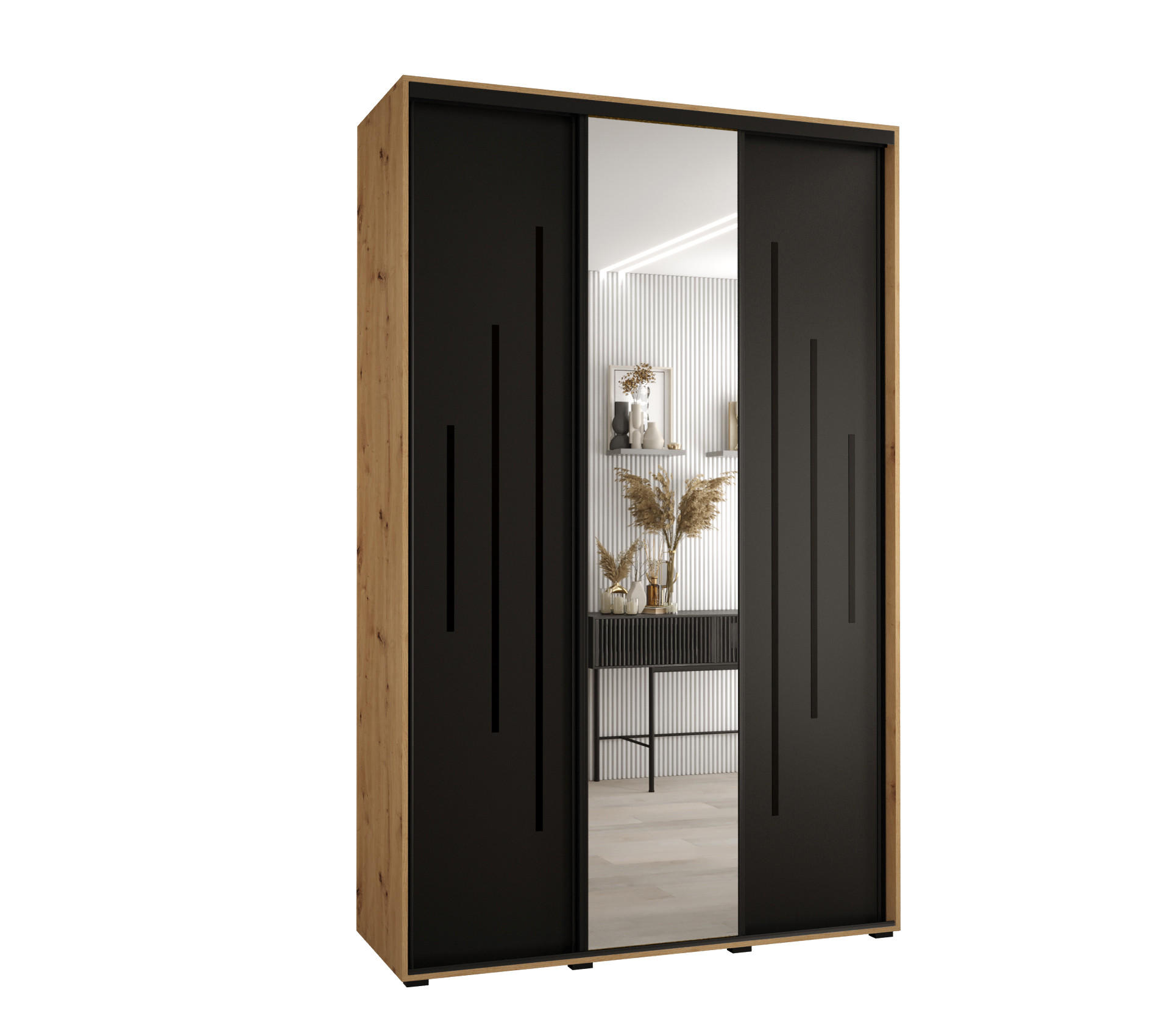Abiks Möbel Schwebetürenschrank Eiche Artisan, Schwarz, Schwarz 150x235x45 cm
