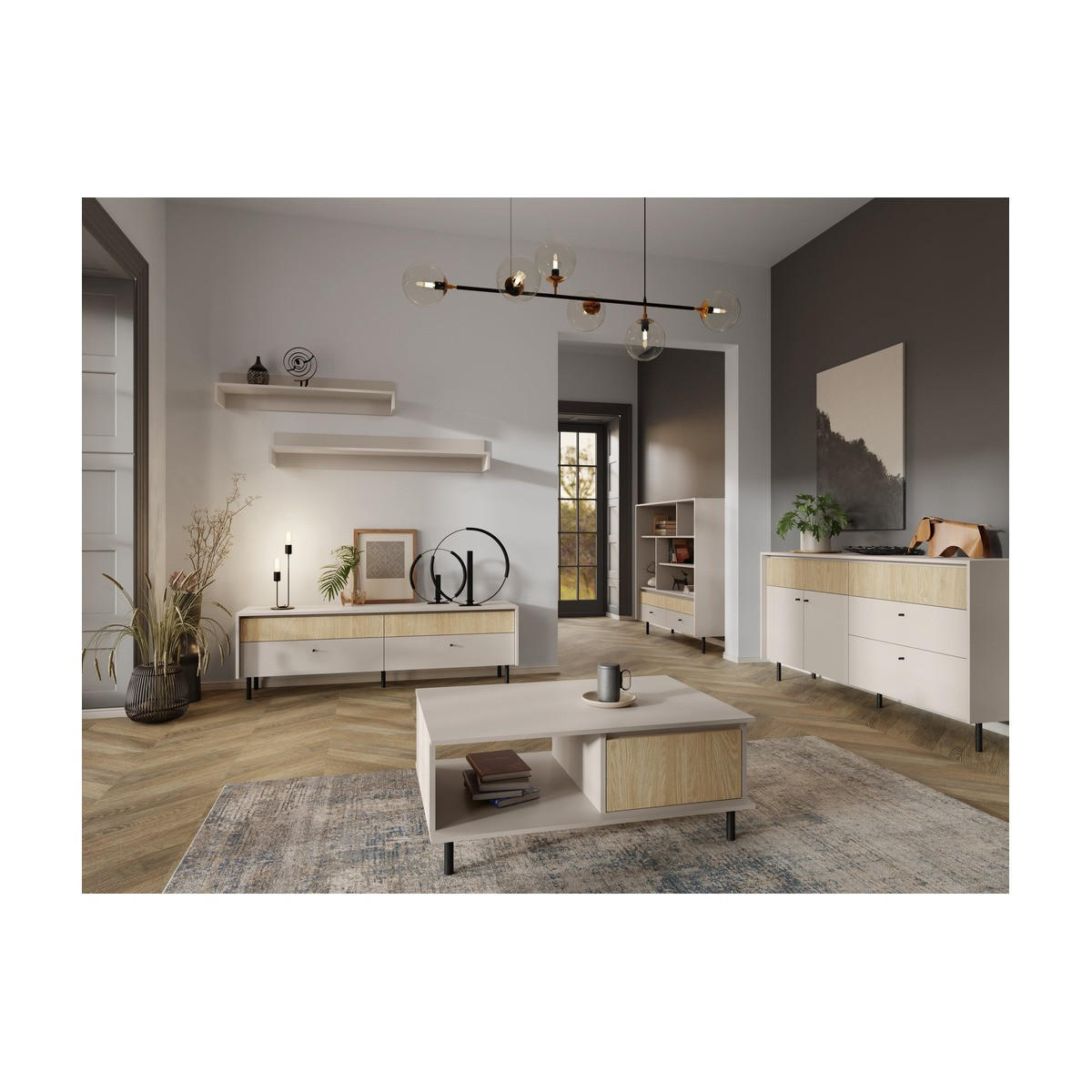 WOHNZIMMER Set 6-tlg. – MALTA System – Beige / Sonoma Eiche - Beige, Holzwerkstoff (103.5/125.5/42cm) - hi-markt