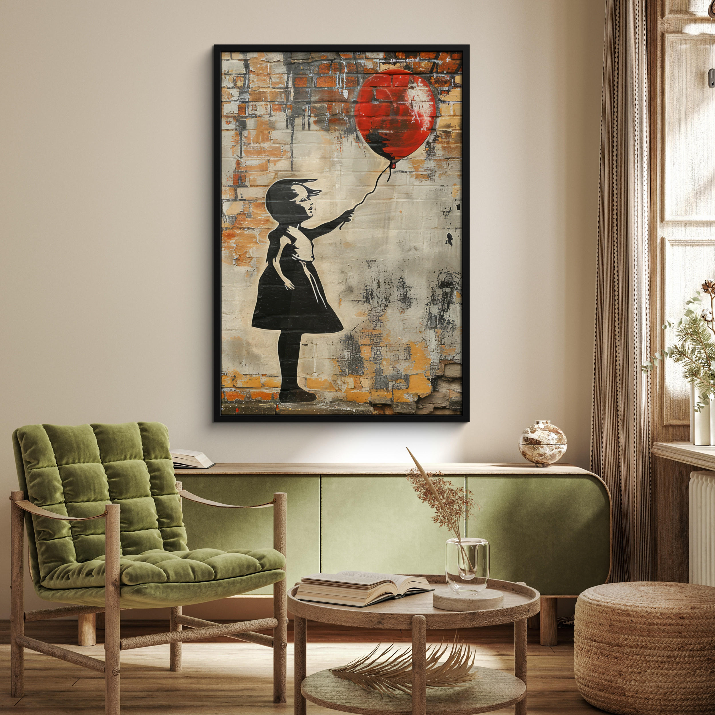 GERAHMTES BILD Graffiti - Banksy - Mädchen - Straßenkunst 80x120 cm - Sandfarben, Papier (80/120cm) - MuchoWow