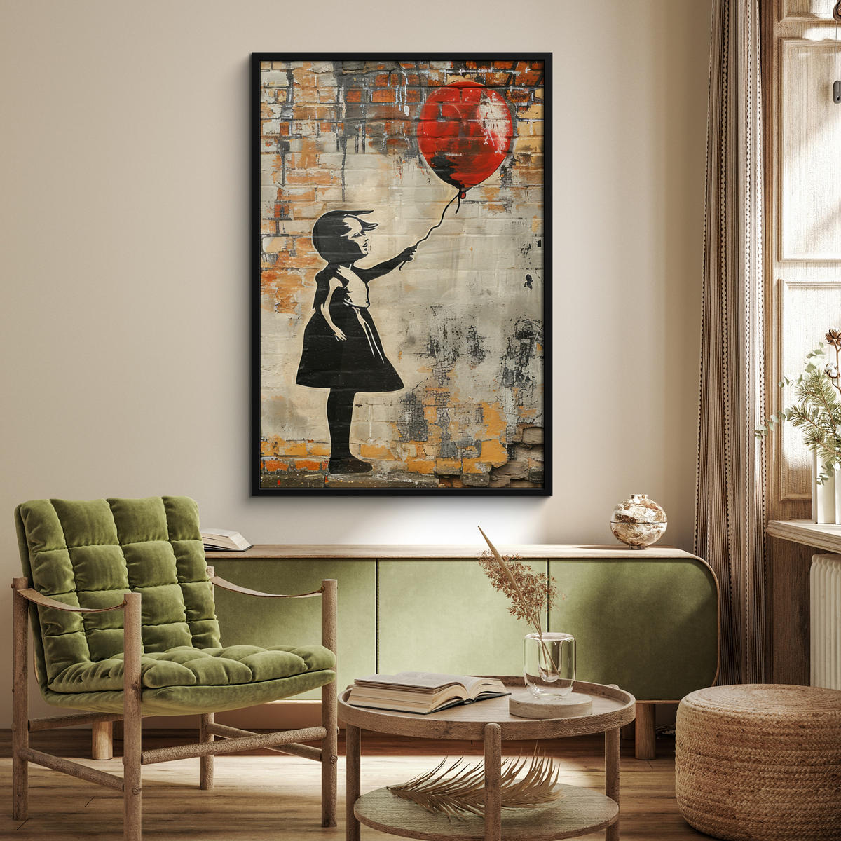 GERAHMTES BILD Graffiti - Banksy - Mädchen - Straßenkunst 80x120 cm - Sandfarben, Papier (80/120cm) - MuchoWow
