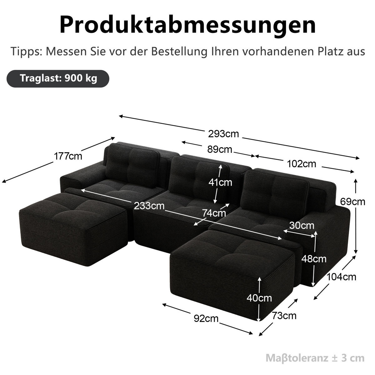 WOHNLANDSCHAFT DE-34113 modular 3-Sitzer mit Ottoman Schwarz - Schwarz, Textil (177/69/293cm) - ComfortXL