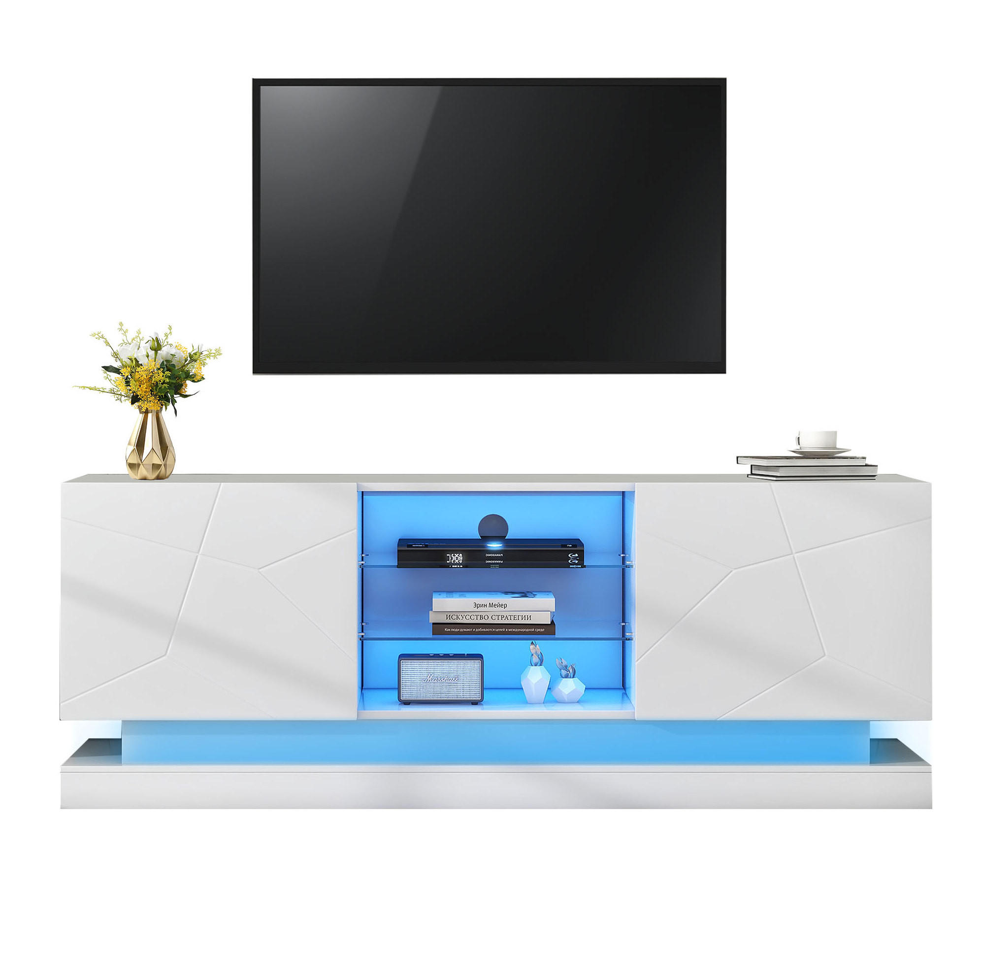 TV-ELEMENT mit Glasablage 160 cm Weiß Spanplatte - Weiß, Holzwerkstoff (38.5/60/160cm) - Beauniv