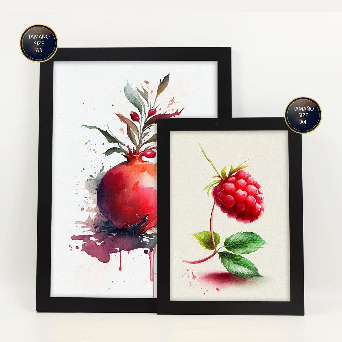 POSTER Set Mit 6 Sommerfrüchte Plakate Von Obst Gemüse & Gesunden Lebensmitteln Im Aquarell Kunst Auf Reinweißen A3 & A4 Schwarzer Rahmen - Schwarz, Papier (29/3cm) - Nacnic