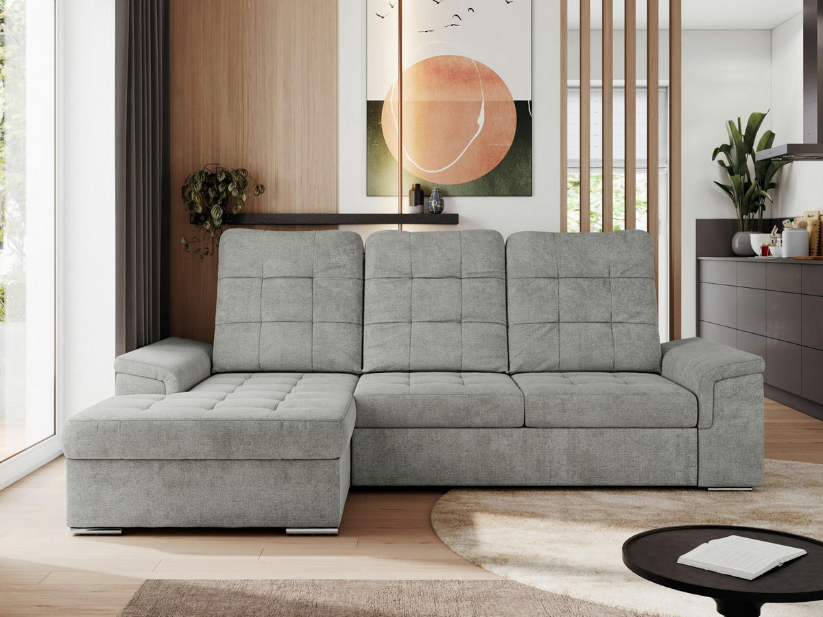 ECKSOFA MADRITO L - Hellgrau Struktur - Links - Silberfarben/Hellgrau, Textil/Metall (160/256cm)