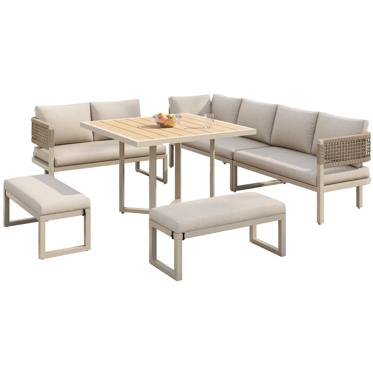 GARTENLOUNGESET für 8–10 Personen mit großem Esstisch in Holzoptik - Beige, Metall - ComfortXL