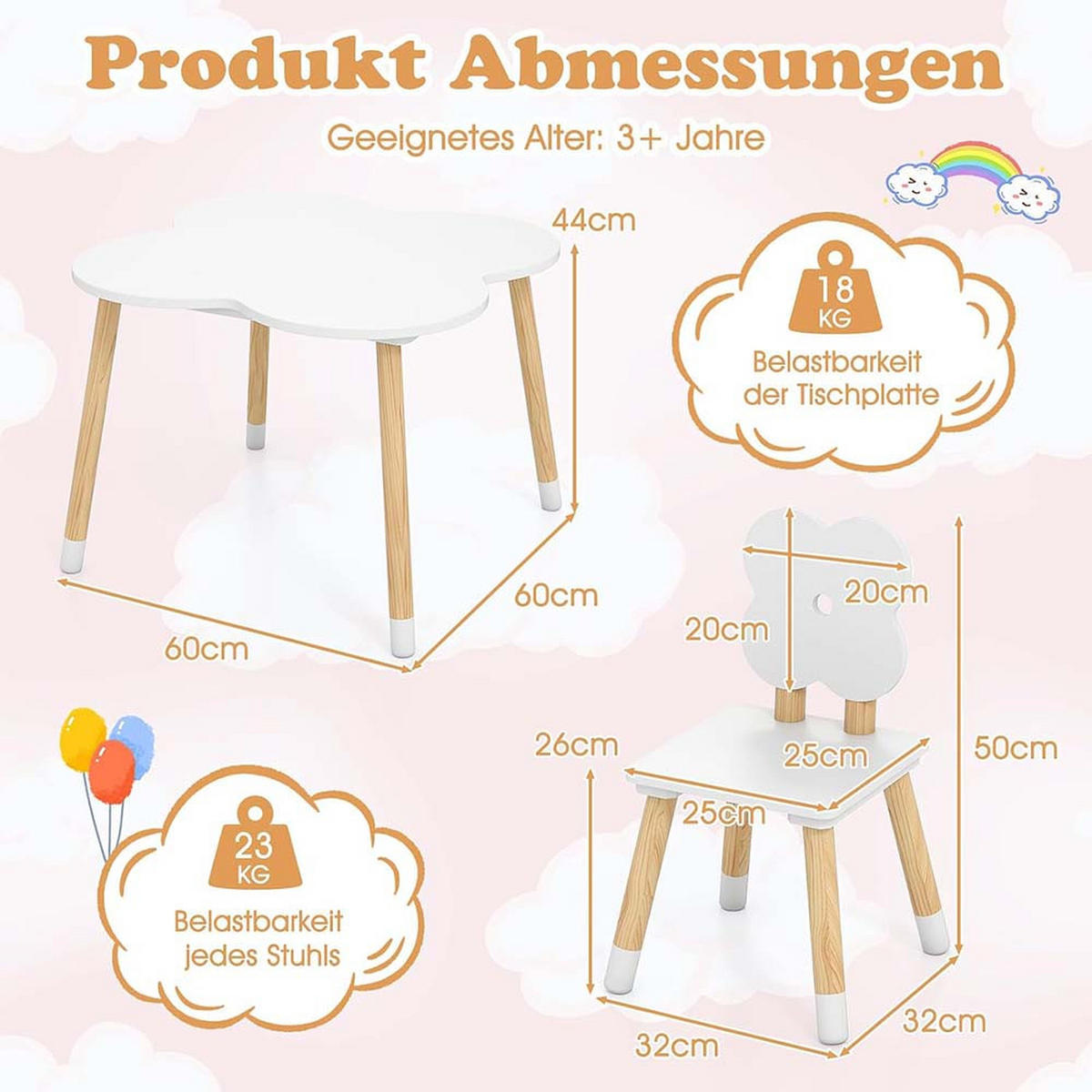 KINDERTISCH mit stuhl weiß(3-tlg) - Weiß, Holzwerkstoff (60/44/60cm) - COSTWAY