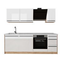 KÜCHENZEILE R-Line, Weiß Hochglanz/Goldkraft Eiche, 220 cm Arbeitsplatte Marmor - Honigeiche/Weiß Hochglanz, Holzwerkstoff (220/81.6/60cm) - Vicco