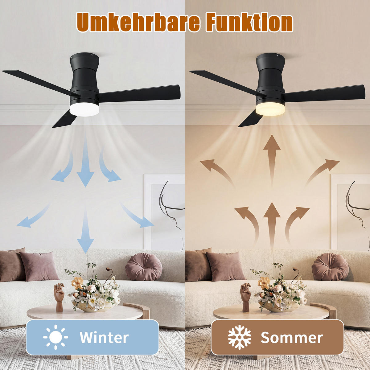 DECKENVENTILATOR mit LED-Licht, 106.6 cm, Weiß, 6 Stufen & Timer - Schwarz, Metall (106.6/106.6/29cm) - EuroLiving