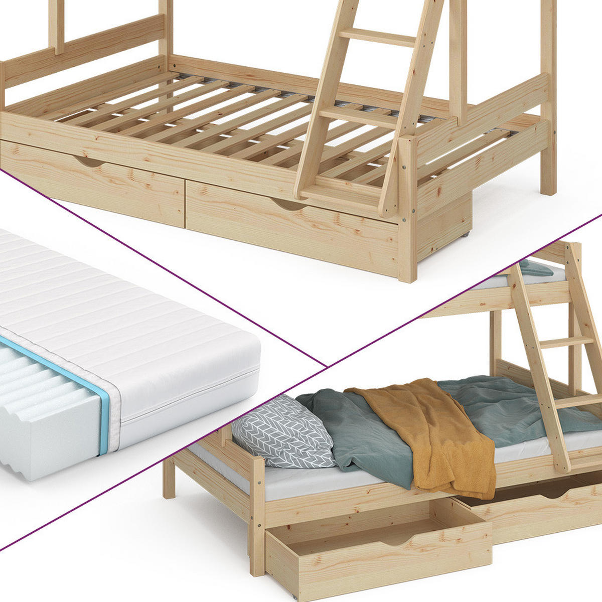 ETAGENBETT Everest Naturholz 120x200/80x200 cm mit 2 Matratzen und 2 Schubkästen - Naturfarben, Holz (120/200cm) - VitaliSpa