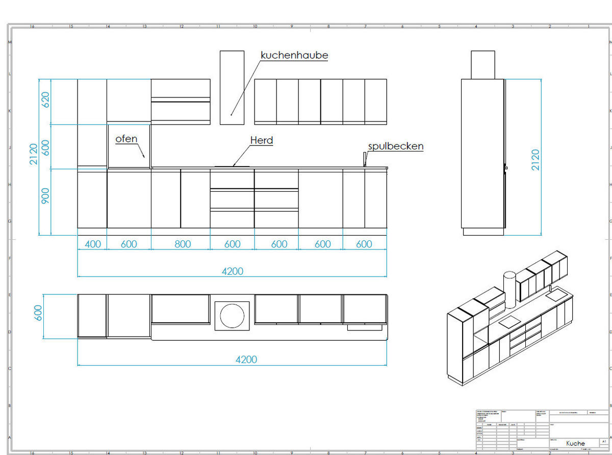 KÜCHENZEILE 420 cm - Aspen KA6-M420 - in Grau/Hochglanz - Grau, Holz (420/212/58cm)