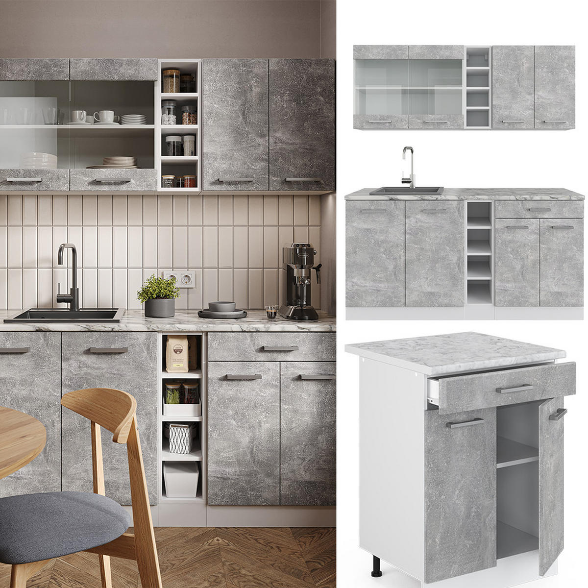 SINGLEKÜCHE R-Line Beton/Weiß 160 cm, AP Eiche - Schieferfarben/Weiß, Holzwerkstoff (160/81.6/60cm) - Vicco