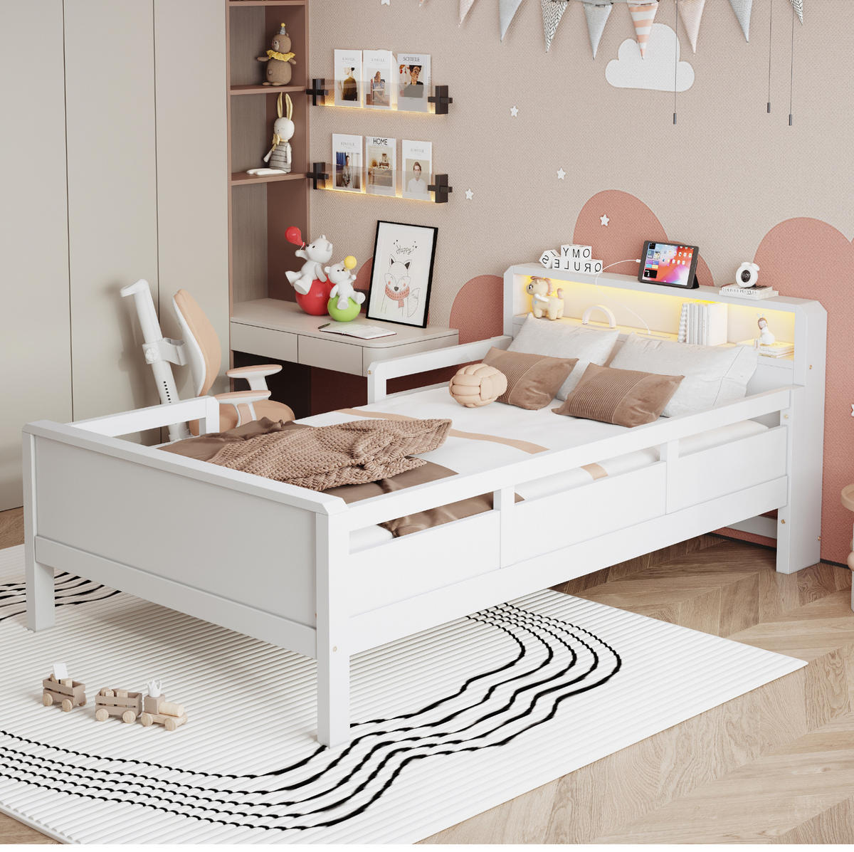 KINDERBETT 90/200 cm weiß aus Kiefernholz mit Ablage, LED und USB-/Type-C-Anschluss - Weiß, Holzwerkstoff (90/200cm) - OKWISH