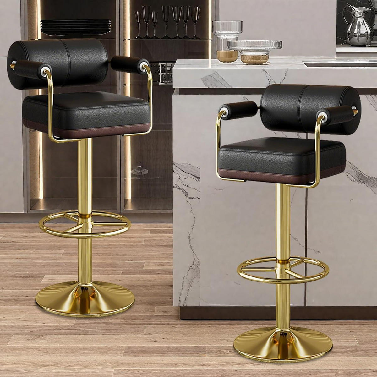 BARHOCKER Set Höhenverstellbar mit Lehne & Armlehne Schwarz - Multicolor, Metall (54/33.5/54cm)
