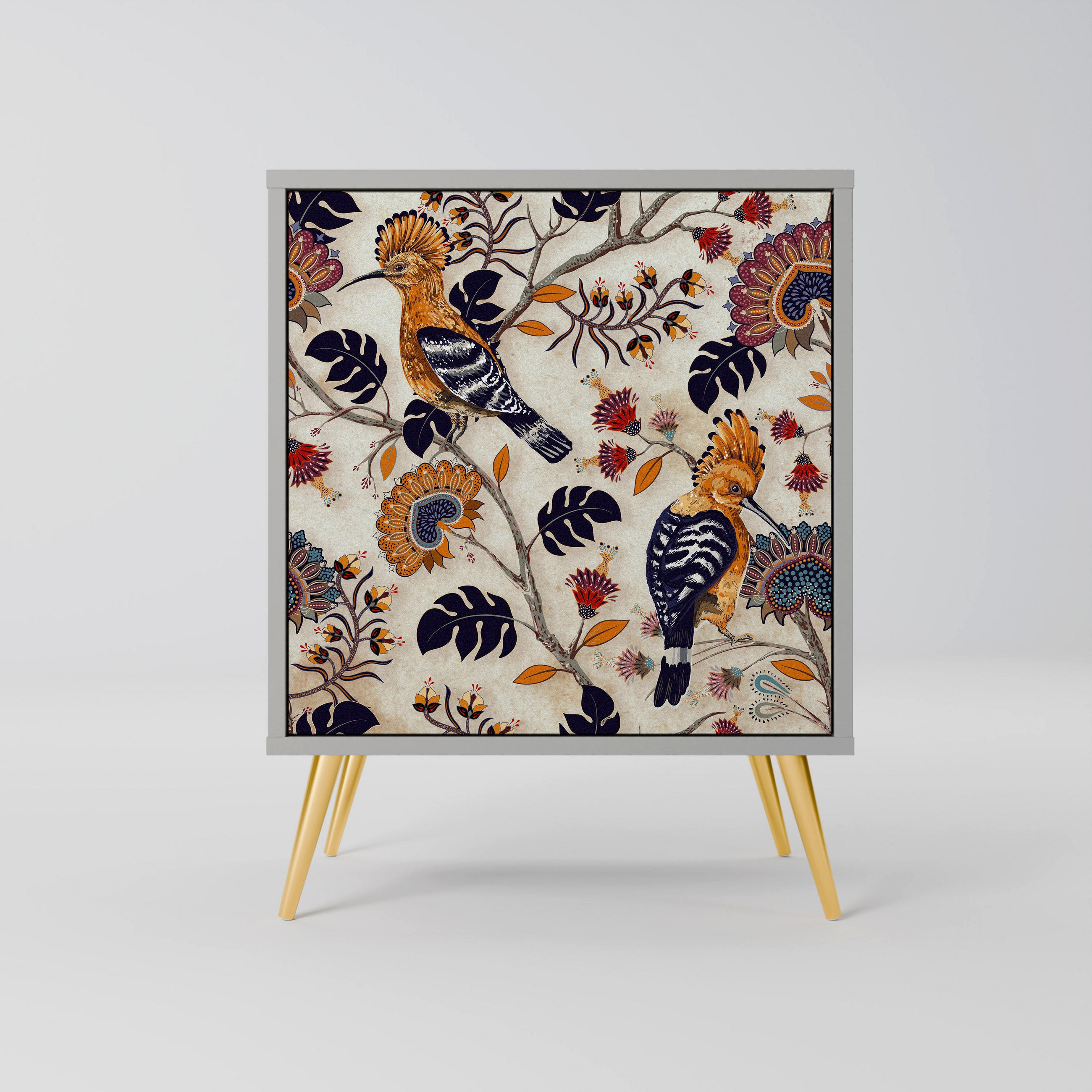 SIDEBOARD EMINENT HOOPOE, Grau, 57,5x42x75,5 cm, Goldfarbene Metallfüße - Goldfarben/Multicolor, Holzwerkstoff/Metall (57.5/75.5/42cm) - SpaceRebels
