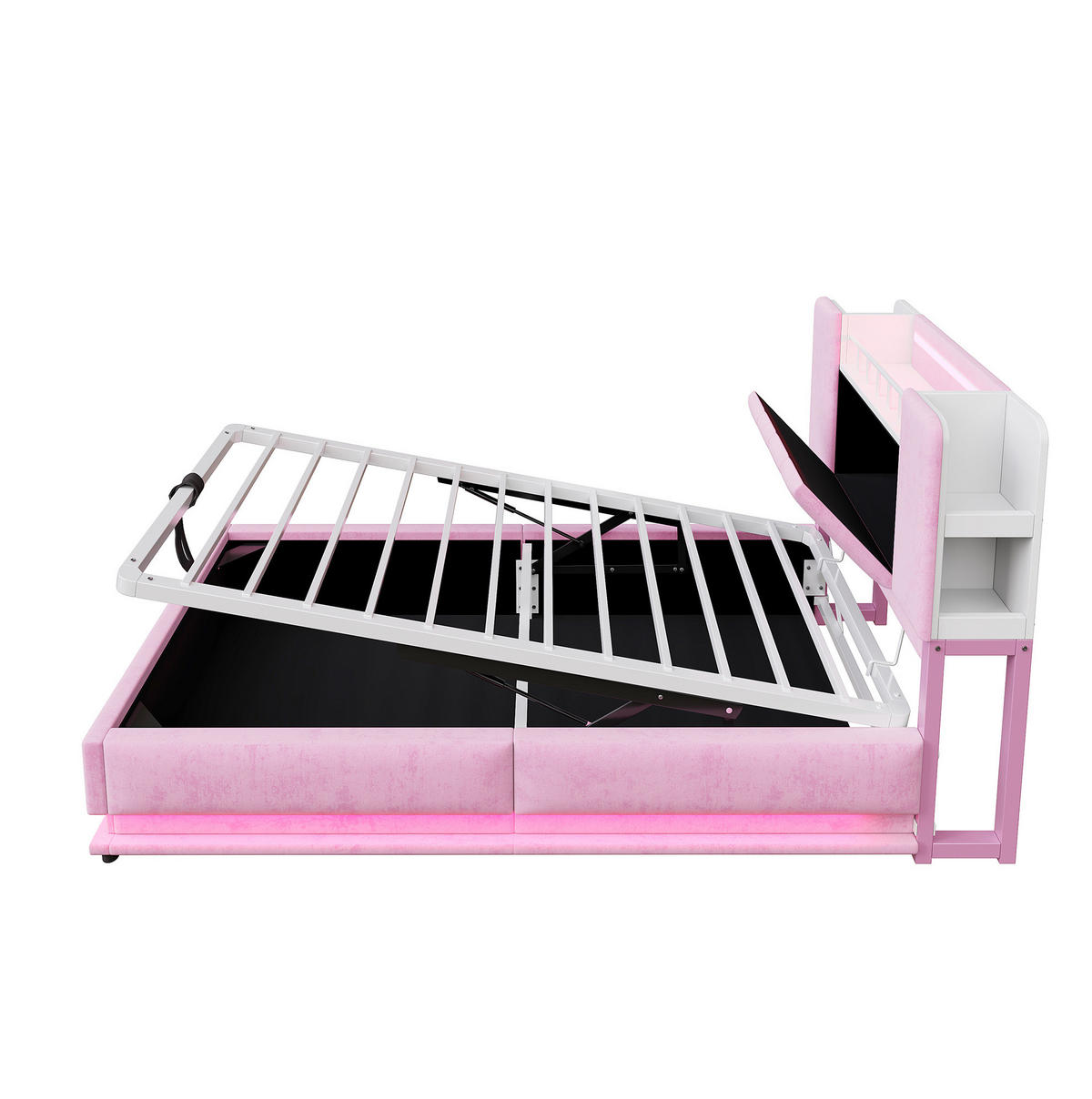 KINDERBETT 90/200 cm mit LED-Beleuchtung, USB-Anschluss und hydraulischem Stauraum, Samtbezug, Rosa - Rosa, Textil (90/200cm) - Redom