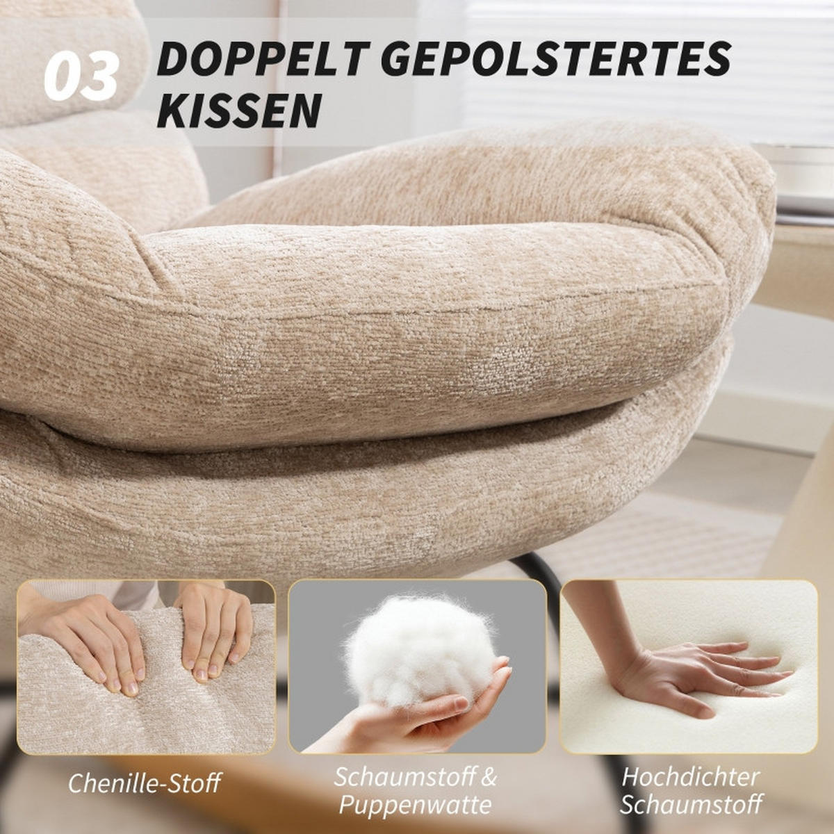 SESSEL 80/103/91 cm, gepolstert mit 13 cm Schaum, Kufenbasis aus Stahl und Kautschukholz, Cremeweiß - Creme, Kunststoff (80/91/103cm) - Redom