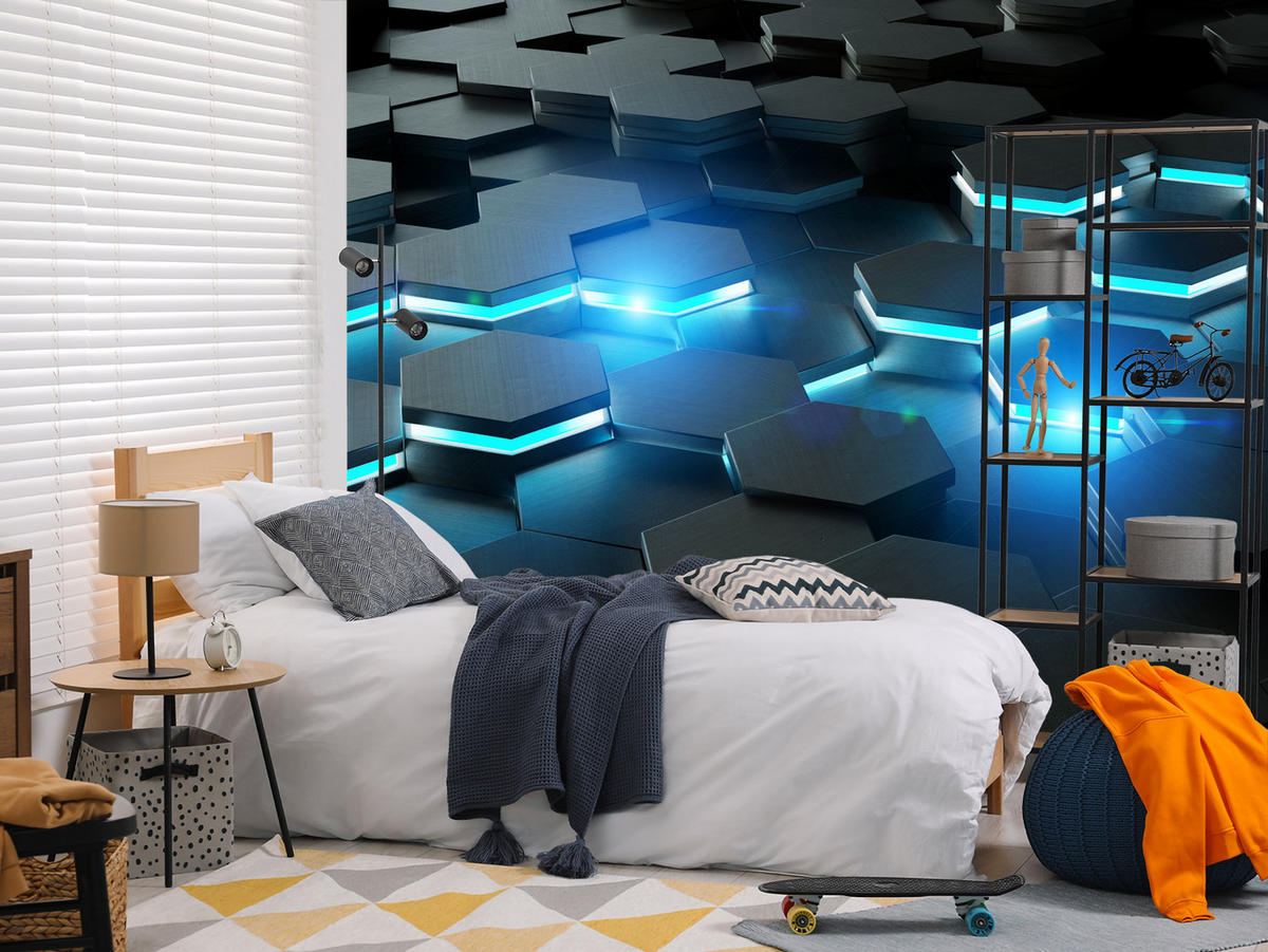 FOTOTAPETE für Jugendzimmer Schwarz Blau Hexagone 500x350 - Blau/Schwarz, Papier (500/350cm) - Muralo