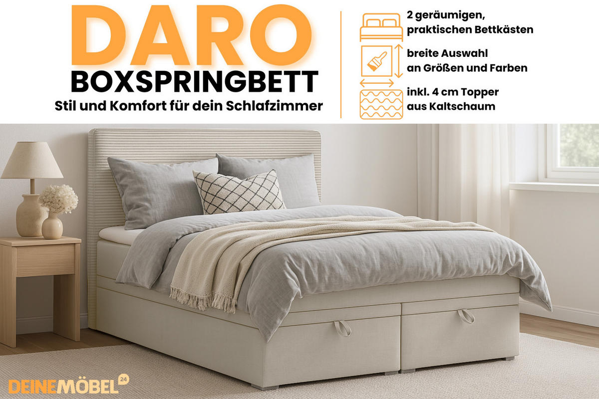 BOXBETT DARO 120/200 in Velour/Cord Creme - Creme, Holz/Holzwerkstoff (120/200cm) - Deine Möbel 24