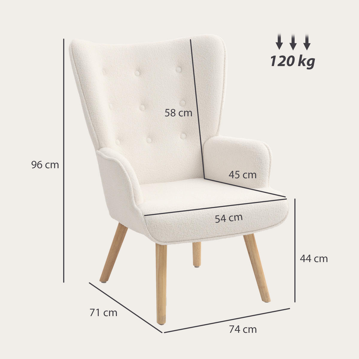 SESSEL DE-13279 Bouclé-Stoff & Knopfheftung Beige - Beige, Holz (71/96/74cm) - ComfortXL