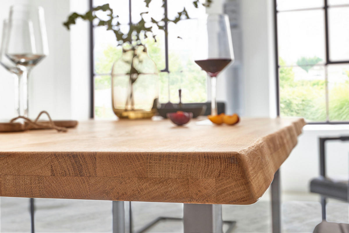 ESSTISCH Baumkante massiv Wildeiche silber SESSA 80 cm - Beige/Silberfarben, Holz/Metall (80/80/77cm) - SAM