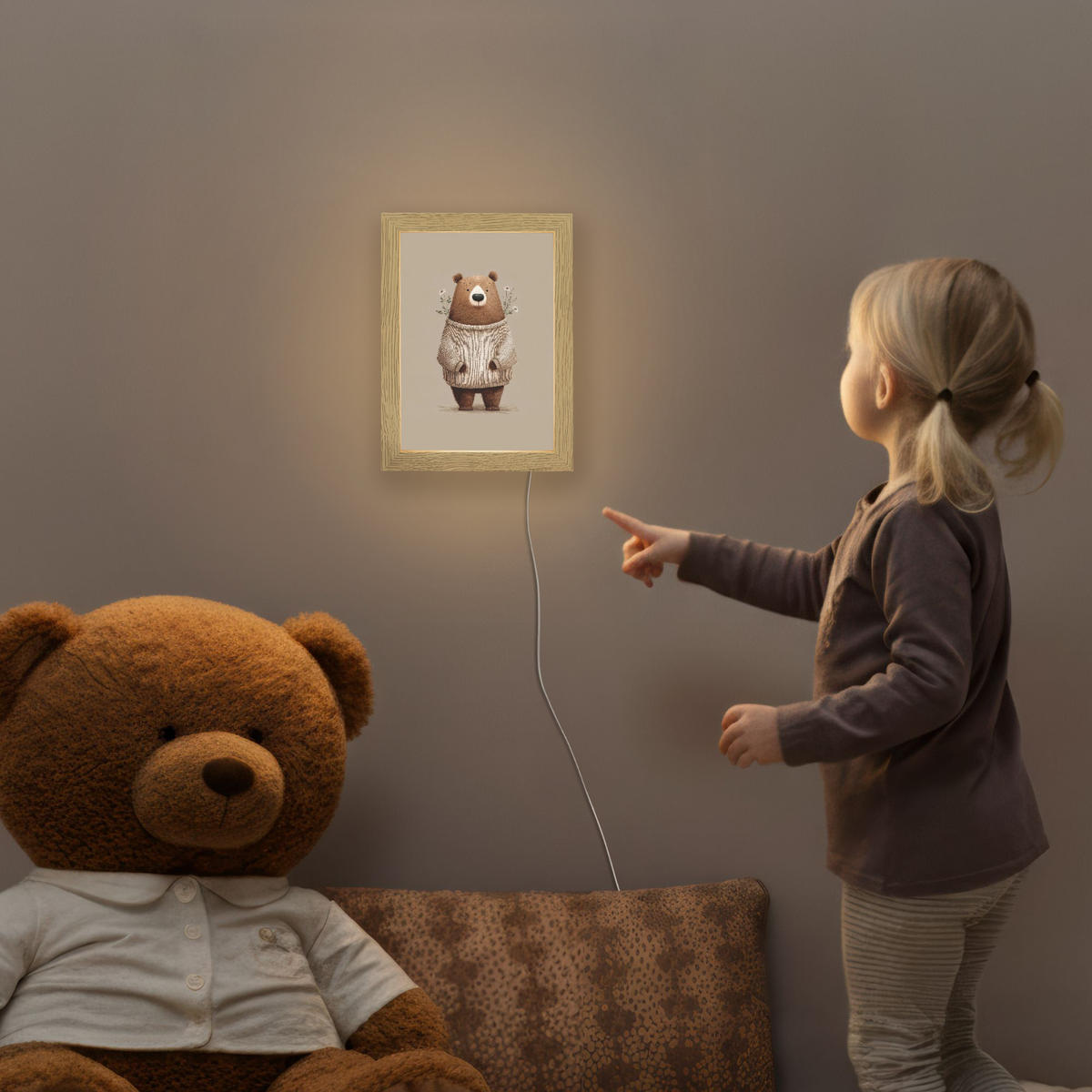 NACHTTISCHLAMPE Bär - Weiße Blumen - Gemütlich 15x20 cm - Taupe, Holzwerkstoff (8/15/20cm)