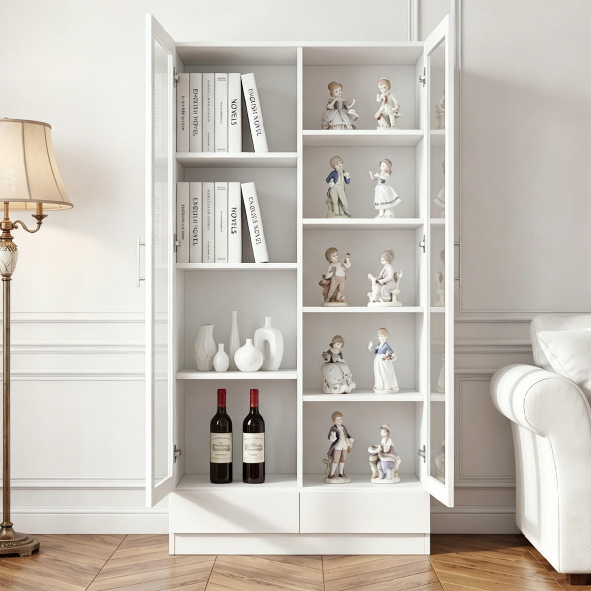 GLASTÜRSCHRANK Weiß mit zwei Schubladen 80×40×160 cm aus MDF & Glas - Weiß, Holzwerkstoff (80/160/40cm) - Luhomfu