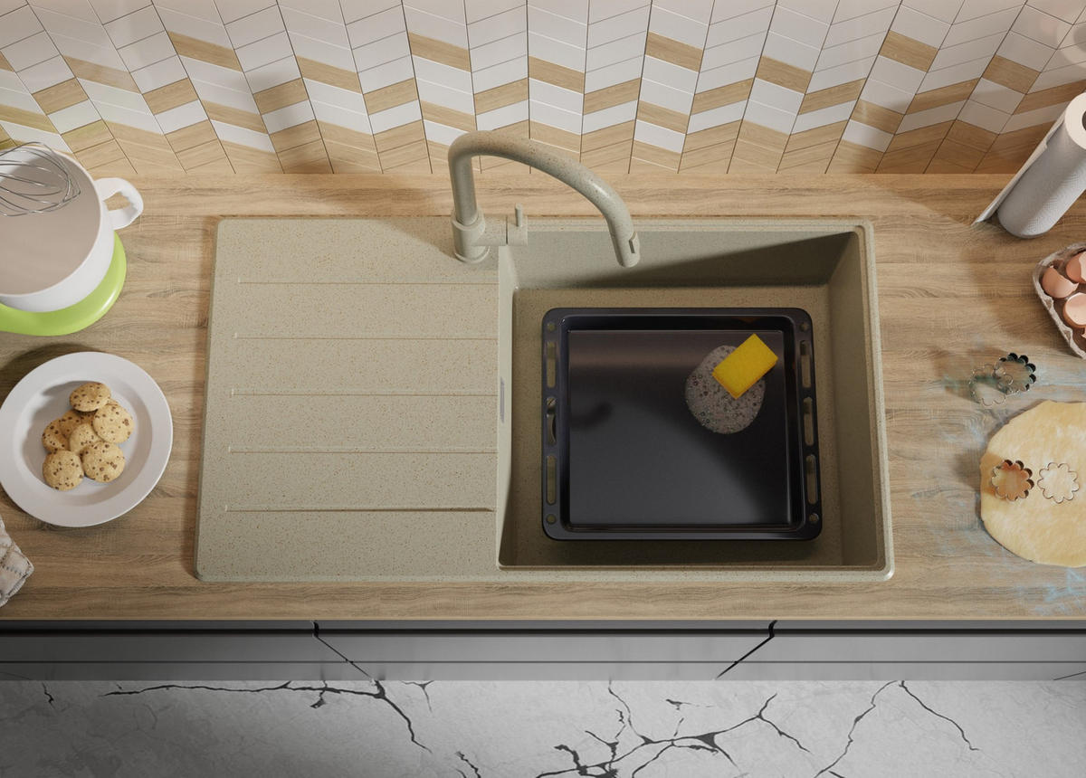 SPÜLBECKEN Kopenhagen, 2-er set Beige 90/50 cm 1 Becken + Ablauf-Set + Schneidebrett ab 60er Unterschrank - Chromfarben/Beige, Kunststoff (90/20/50cm) - Primagran