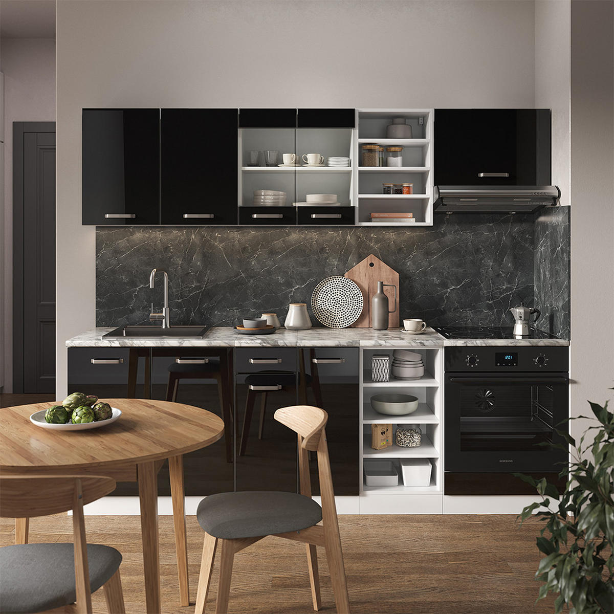 KÜCHENZEILE R-Line Schwarz Hochglanz 240 cm, AP Marmor - Schwarz Hochglanz/Weiß, Holzwerkstoff (240/81.6/60cm) - Vicco