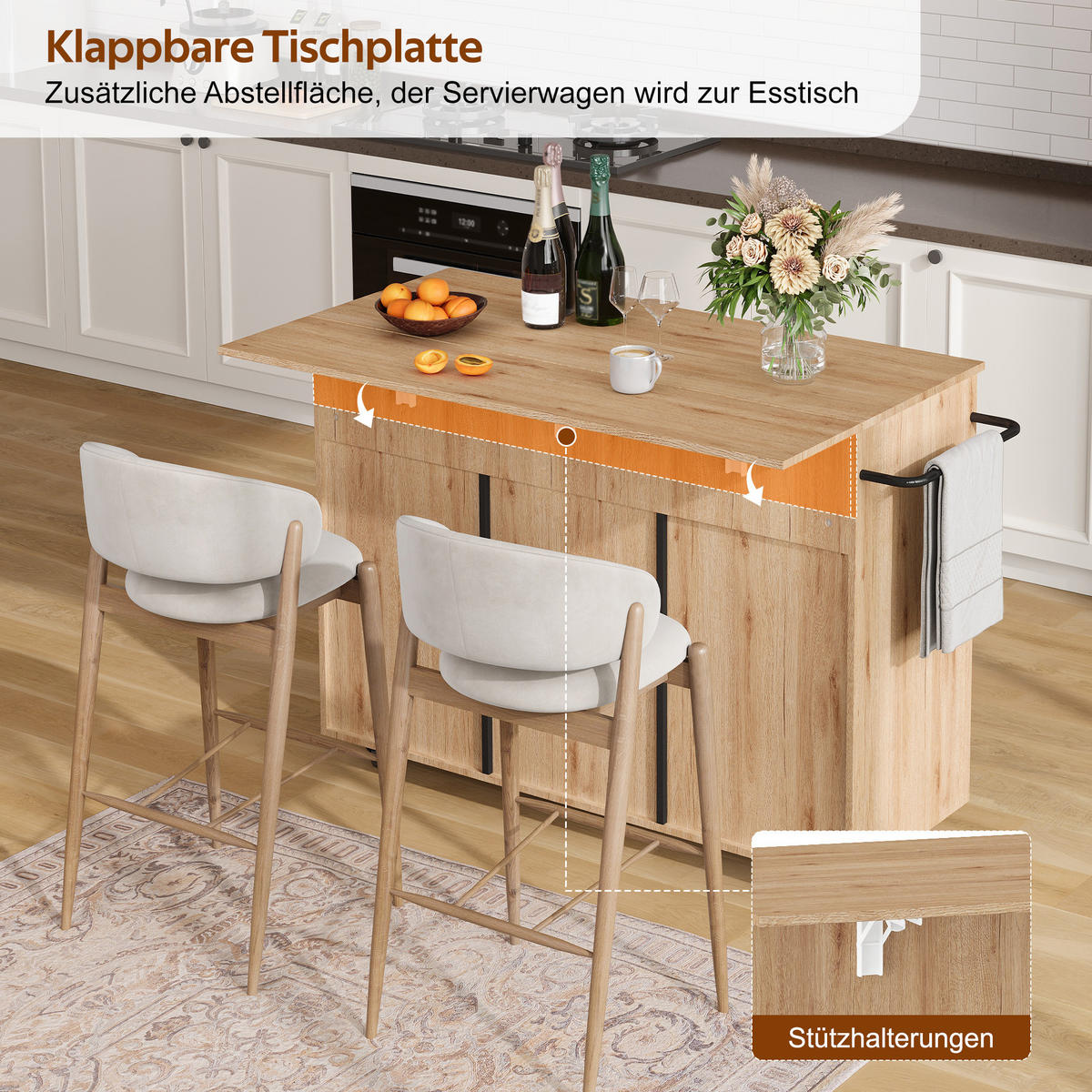 KÜCHENINSEL auf Rollen 120/65/91 cm Schwarz mit klappbarer Arbeitsplatte und 2 Schublade - Silberfarben/Schwarz, Holz/Holzwerkstoff (65/91/120cm) - Oxeza