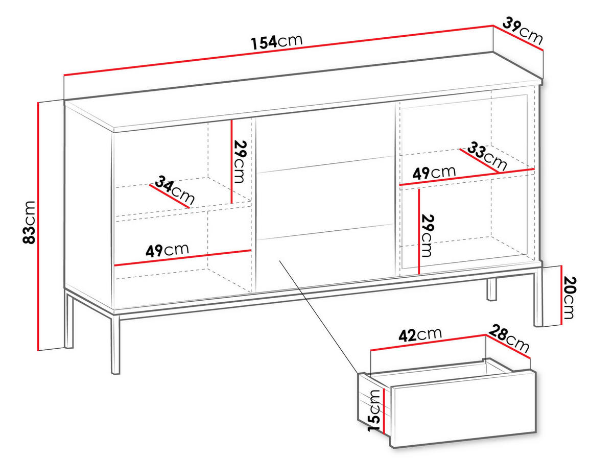 SIDEBOARD Sento KSZ154 - Kaschmir/Schwarz, Holzwerkstoff/Metall (154/83/39cm) - MIRJAN24