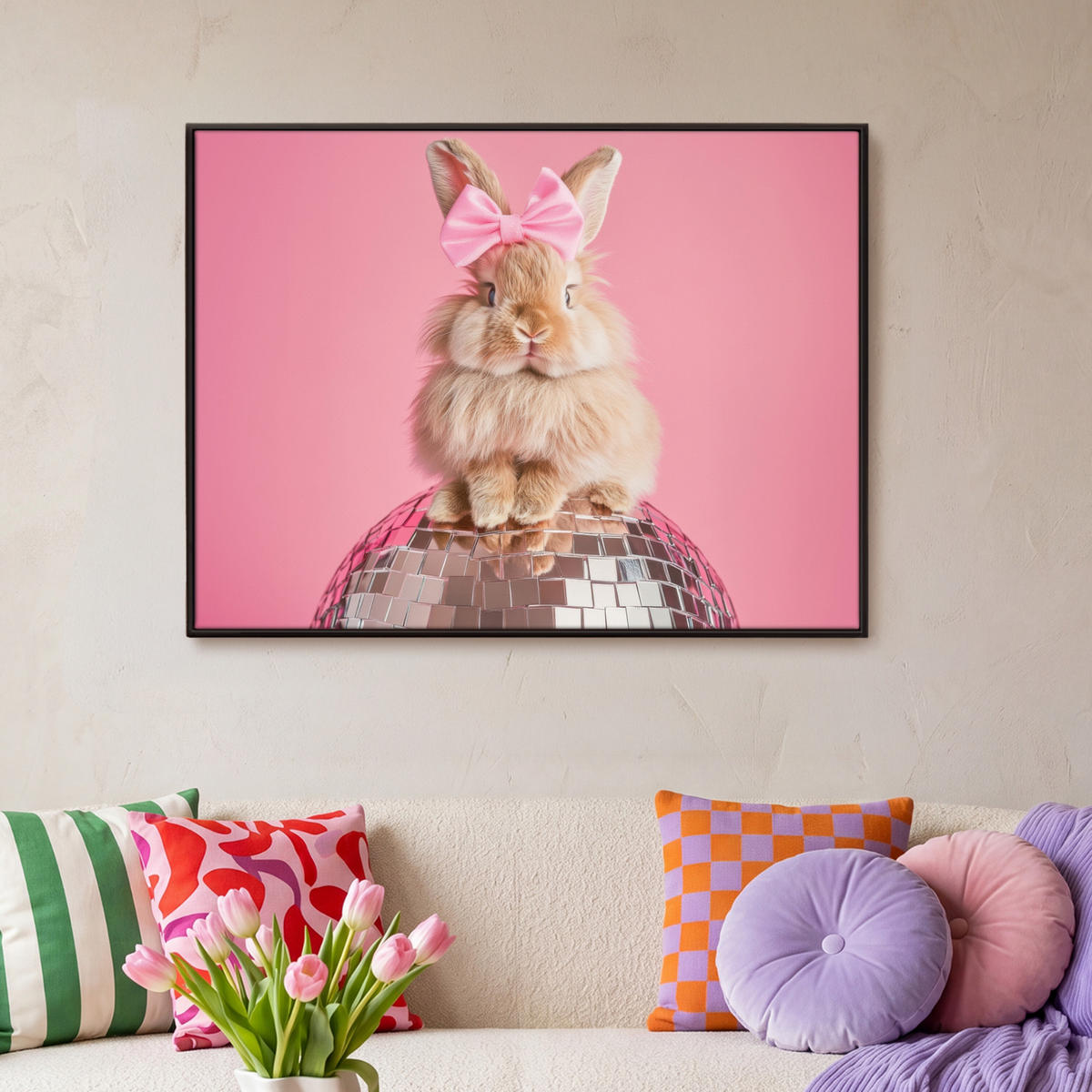 LEINWAND Bilder mit Rahmen - Schleife - Discoball - Kaninchen - 100x70 - Pink, Textil (100/70cm) - MuchoWow