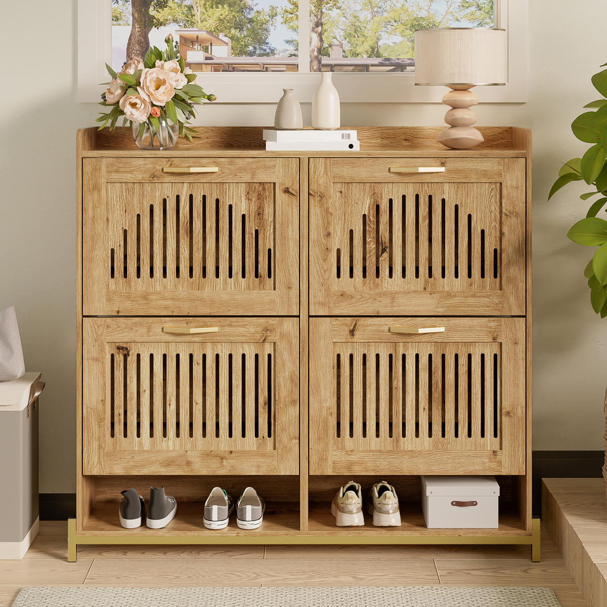 SCHUHSCHRANK 4 Türen Vertikale Lamellentüren Metallrahmen Ablage - Naturfarben, Holzwerkstoff (24/100/108.5cm) - FLIEKS