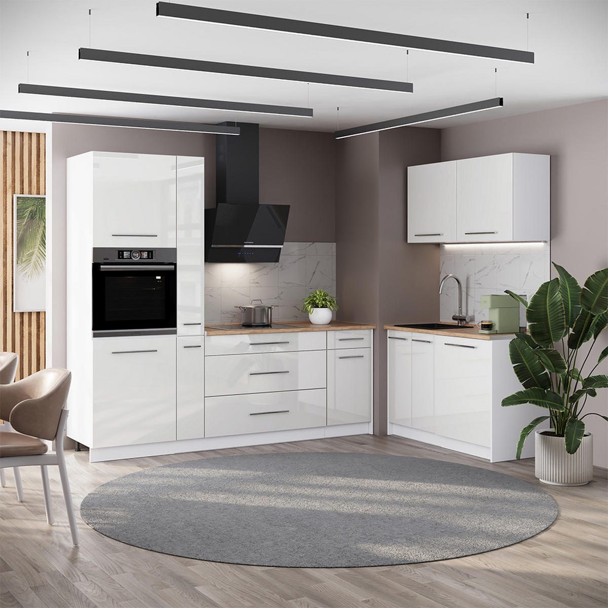 KÜCHENZEILE Fame-Line, Weiß Hochglanz/Weiß, 220 x 120 cm, AP Eiche - Weiß Hochglanz/Weiß, Holzwerkstoff (220/206.8/60cm) - Vicco