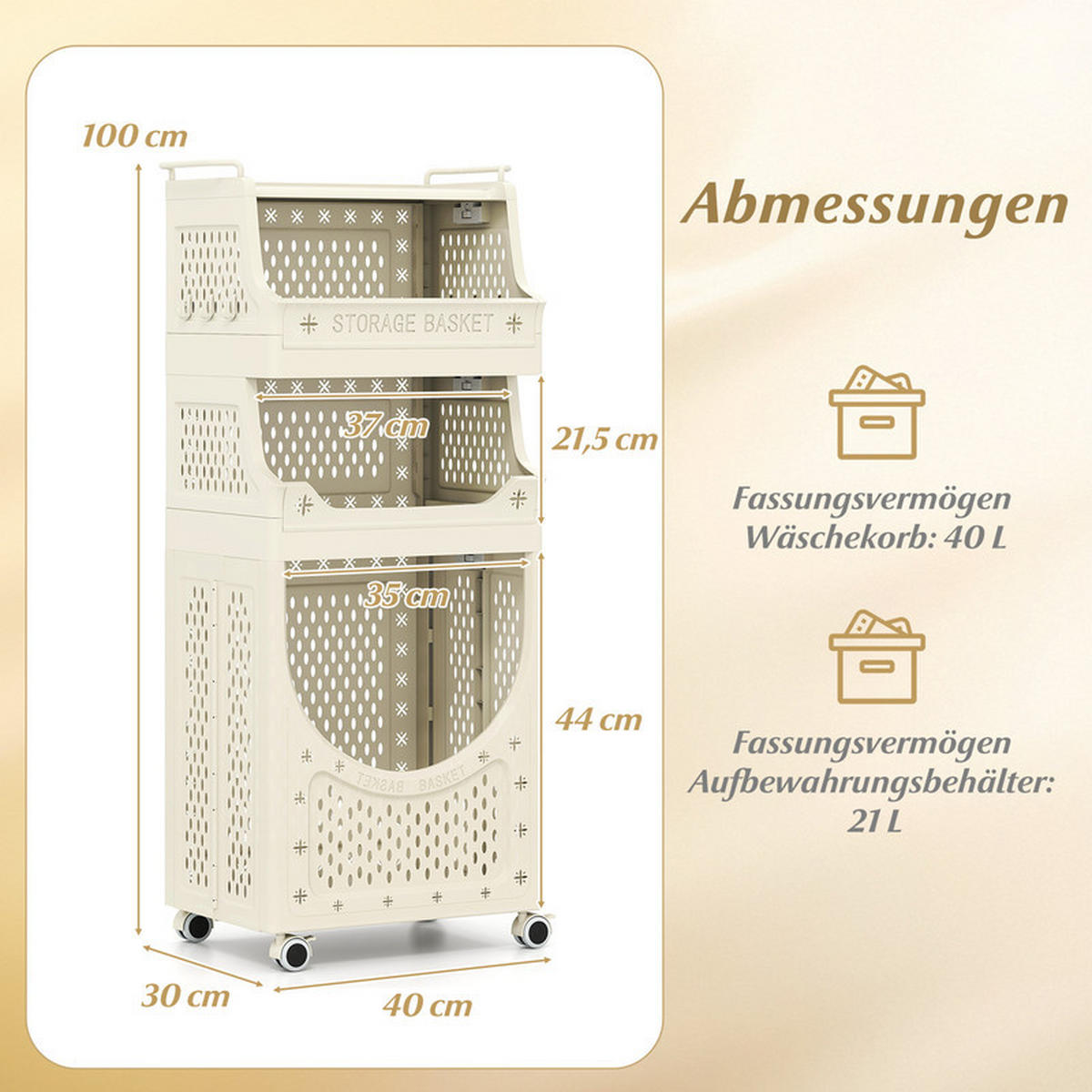 WÄSCHEKORBWAGEN Faltbarer beige - Beige, Kunststoff (40/100/30cm) - COSTWAY