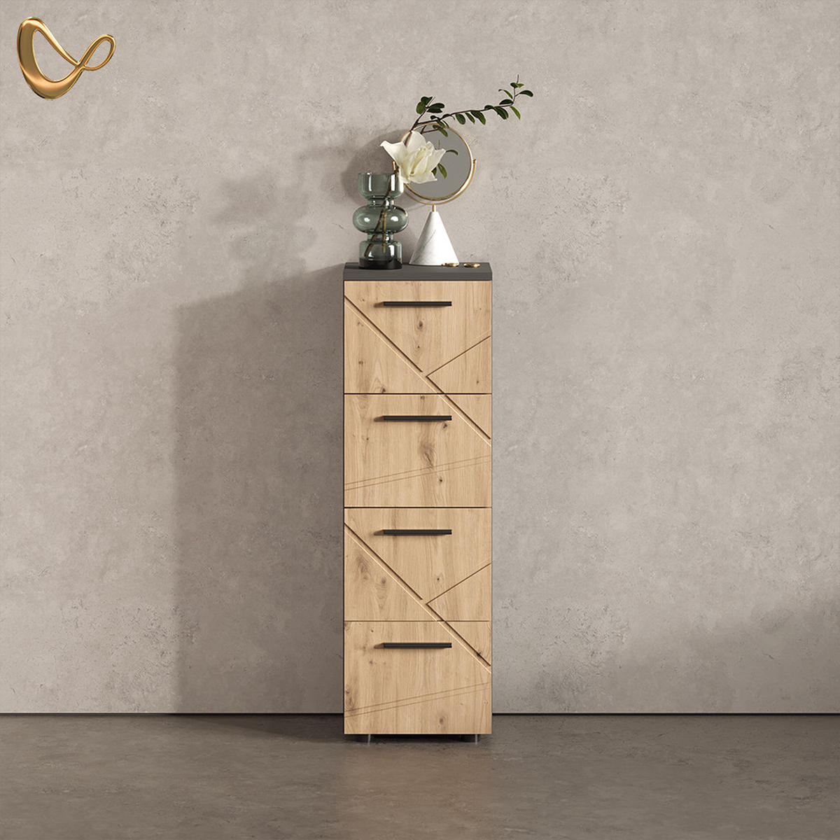 MIDI OMARICA Ronco, Antracit/Obrtniški hrast, 30 x 95 cm s 4 predali - antracit/hrast artisan, leseni material (30/95/30cm) - Livinity®
