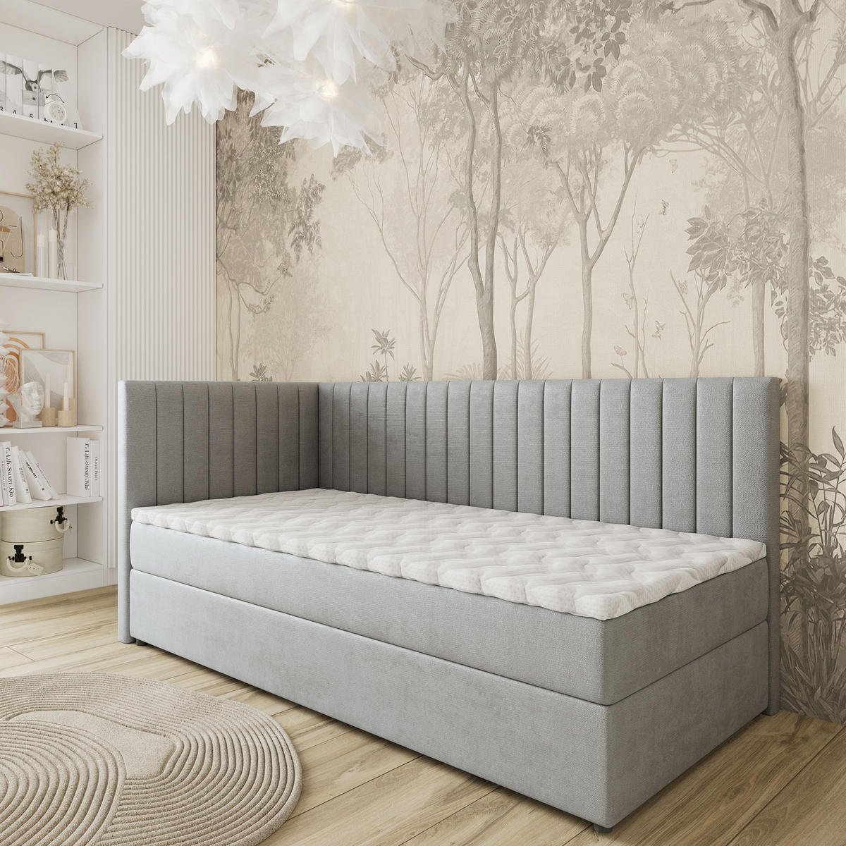 BOXBETT ARIS 90x200 cm mit Matratze und Topper, H2+H3 - Hellgrau - Hellgrau, Holz (90/200cm) - MASSENO