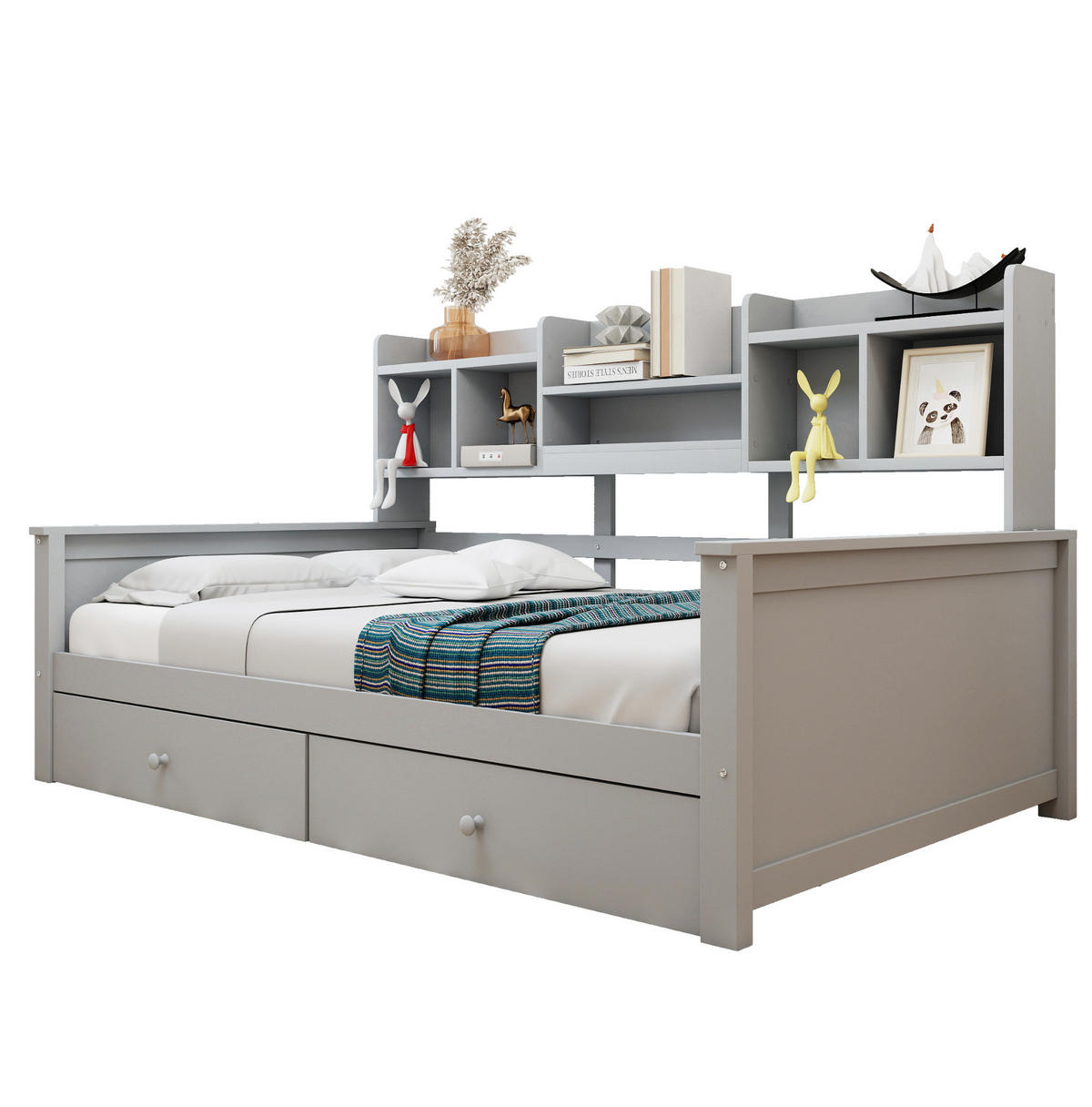 KINDERBETT 90/200 cm als Schlafsofa mit 2 Schubladen, Seitenregalen und Lattenrost aus Massivholz, Grau/Weiß - Grau, Holzwerkstoff (90/200cm) - Redom