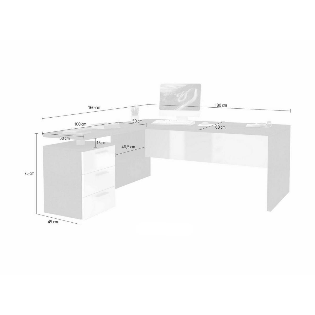 ECKSCHREIBTISCH Glänzendes Weiß 60/180/75 cm - Weiß, Holzwerkstoff (60/180/75cm) - DMORA